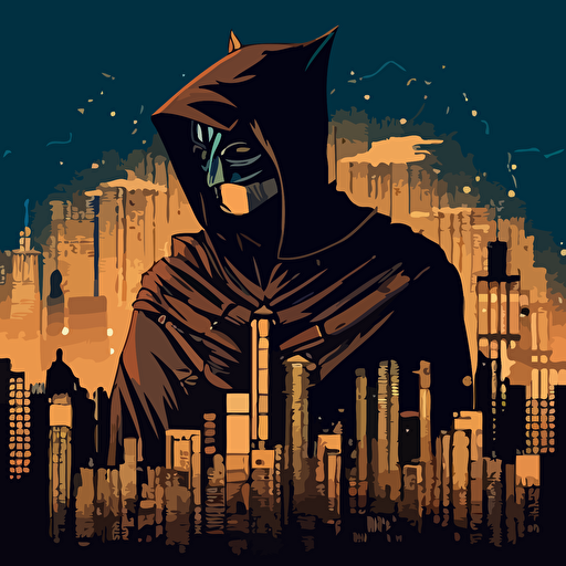 Drawing from the superhero genre, design a vector illustration of Satoshi Nakamoto as a masked hero, using his knowledge of cryptocurrencies to fight against corruption and financial inequality. Set the scene in a futuristic city skyline.