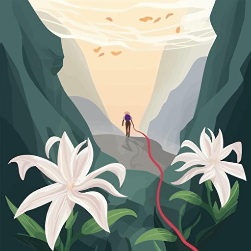 In a mountain valley, an explorer faces the abyss with determination. Honeysuckles bloom, symbolizing nature's courage and resilience. Vector illustration