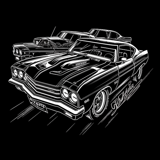 a band logo with drag cars, white on black, clean vector