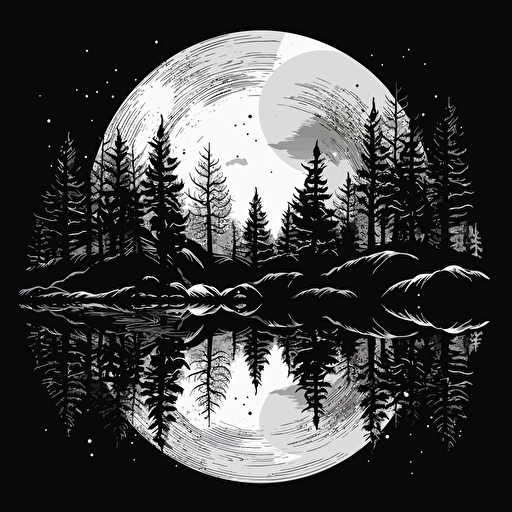 black and white vector illustration of trees and mountain with a monn background refraction