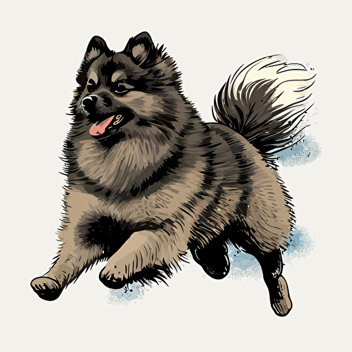 grey and brown, keeshond dog through the air, simple vector art, anime style art, Adobe Illustrator style art, no background, ::