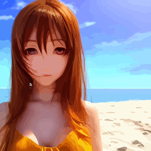 render beautiful 3d anime girl long hair hazel eyes cute freckles round face short smile cute sundress golden hour serene beach setting medium shot mid shot highly detailed trending artstation unreal engine 4k wallpaper