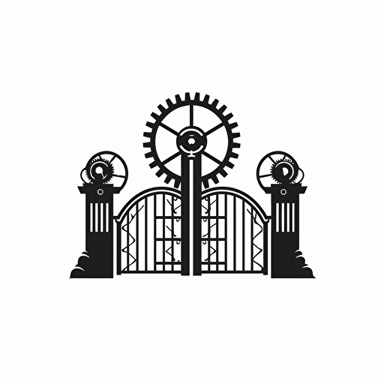 create a logo as simple as possible, with a large gear in the middle, and two large gate like fences surrounding it which are mirror images of each other. the logo should be in black and while, in minimalistic style, with a detailed gear and simple gates, vector