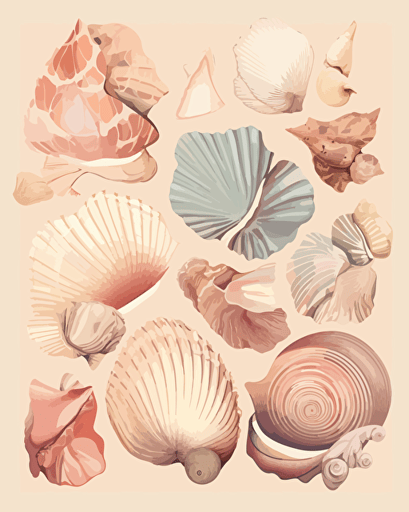 seashells, retro aesthetics, vector image, sticker design, pantone color scheme: 12-1706 TCX, 12-0824 TCX, 15-0146 TCX, 15-1164 TCX, 16-6340 TCX, 17-4247 TCX, 18-2043 TCX, 19-6026 TCX. The final piece should exude a warm, holiday-like ambiance.