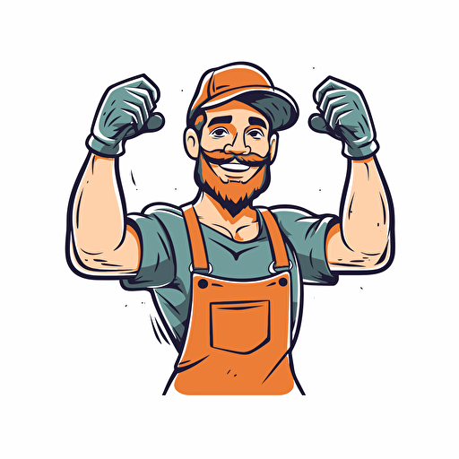 logo, handyman hand up with tool, simple, minimalist, vector, cartoon, white background, vibrant style, happy man