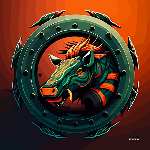 Captured in vivid vector art, the Bosco company's emblem showcases a charismatic warthog. The side shot of the creature reveals friendly, cartoonish eyes that exude a focused determination. As it flashes a wry smile, the warthog is encircled by a simple, circular tire that appears to be burning rubber. The 2D design is both simple and appealing, with the cartoon-style warthog perfectly encapsulating the company's spirit. This inventive logo offers a unique combination of warmth and ambition, drawing the viewer in with its captivating details.