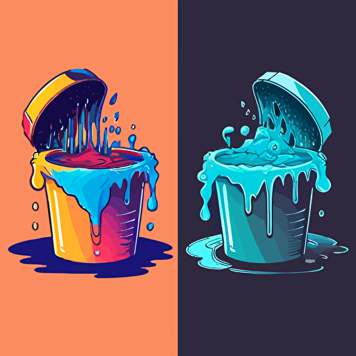 a vector image with a very small bottlecap of water pouring one drip of water into a big bucket versus a big bucket dumping a lot water on an overflowed drowning bottlecap