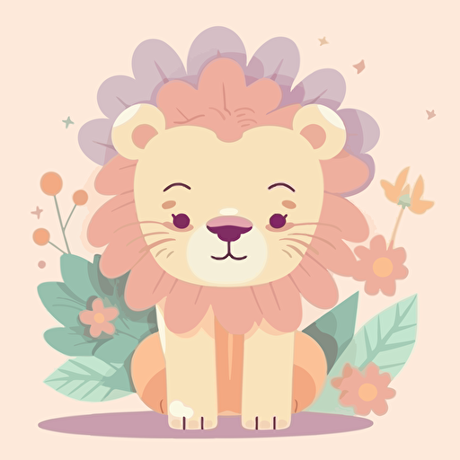 A flat detailed vector illustration of a cute lion in pastel colors