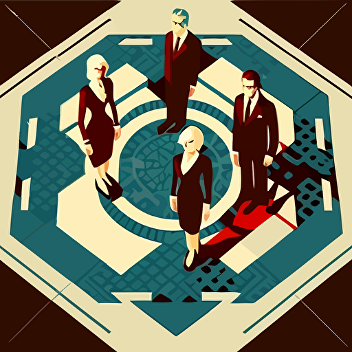 Four women in business suits, as top managers, at the top of the carpet floor, vector illustration