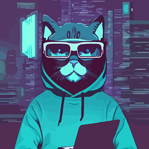 cat hoodie glasses sits laptop digital art vector art cyberpunk synthwave unreal engine