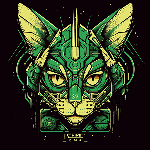 Logo, Menacing, Alien Mecha Cat, Sphynx, Cyberpunk, Green Eyes, Big Ears, Triangle Base, Vector Style,