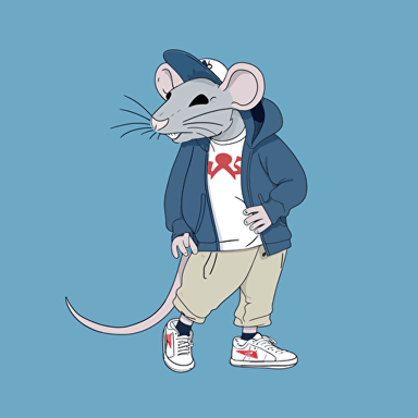 a vector, flat illustration of a friendly rat wearing new balance sneakers and a new york yankees blue baseball cap, it should look effortlessly cool, only 2-3 colors, hipster, chill