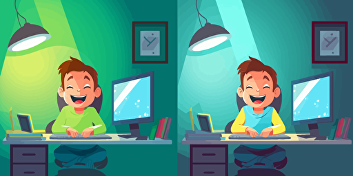 A boy in a warm room, sitting in front of the computer to learn, happy expression. Scene. 2D, vector illustration, bright colors. Drawing using AI.