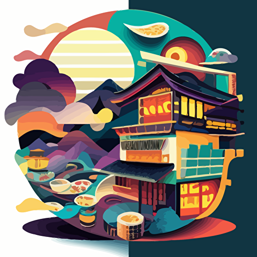 colorful vector art, a multiverse of asian food and buildings