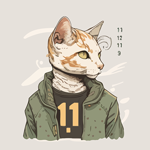 na ilustración de personaje de dibujos animados de gato lindo de pelo corto europeo de cabeza grande, con el numero 13 en la cabeza o en un collar, en estilo de arte BAYC NFT, imagen de exhibición de arte NFT, estilo ciberpunk, ropa de hip hop, ilustración de vector plano simple, mascota de juego