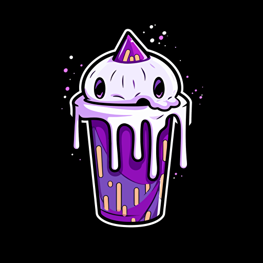 a drippy vector design of a white styrofoam cup dripping purple syrup, tipped spilling purple syrup, cartoon style, sticker, black background