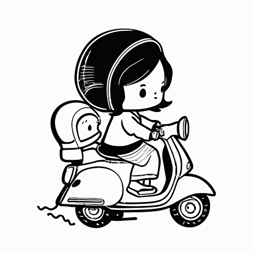 2d outline simple vector silhouette, white background , a smiling little girl is riding a vespa, she has got backpack and helmet, cartoon style