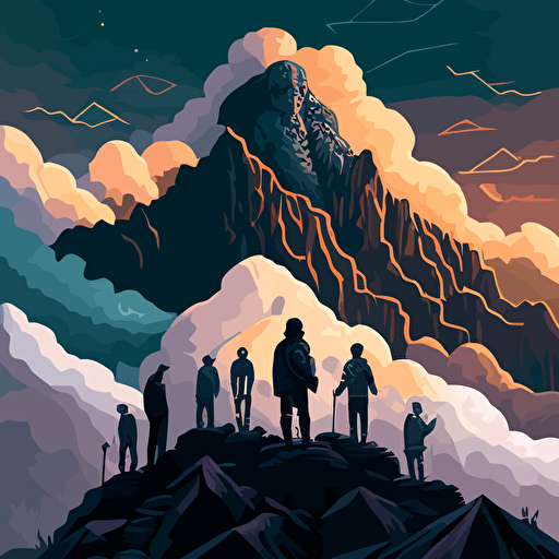 Based on the Greek myth of Prometheus, design a vector illustration of Satoshi Nakamoto bestowing the gift of blockchain technology to humanity, represented by a diverse group of people. Set the scene on a mountain peak, with a dramatic sky.