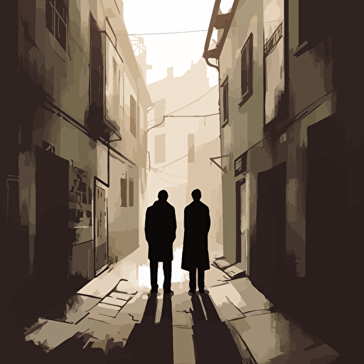 2 shady men in suits meeting in a alley, vector art