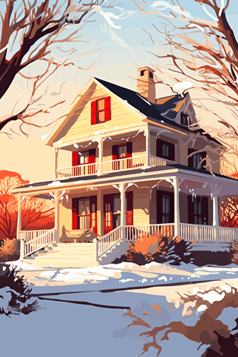 texas farmhouse at christmas, wrap around porch, cozy and sweet, bright light, colorful, snow, vector art, concept art