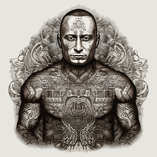 Putin, torso, vector, highly detailed, gritty, Aztec tatoos