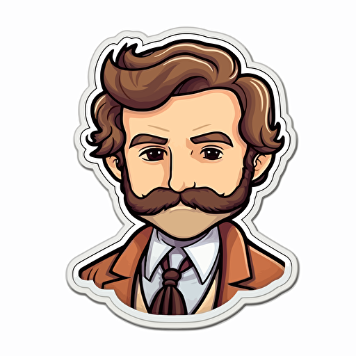 Sticker, Happy Colorful Watson from Sherlock Holmes, brown hair, stubble beard, kawaii, contour, vector, white background