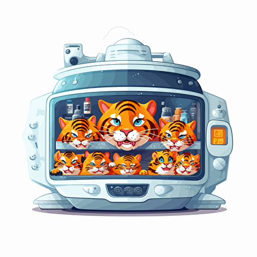 countertop smart oven surrounded by a team of tigers, vector art