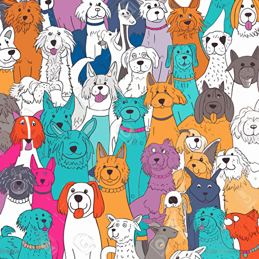 adorable brightly colored dogs of all breeds on a white background + doodle style + white background + simple vector + bright colors