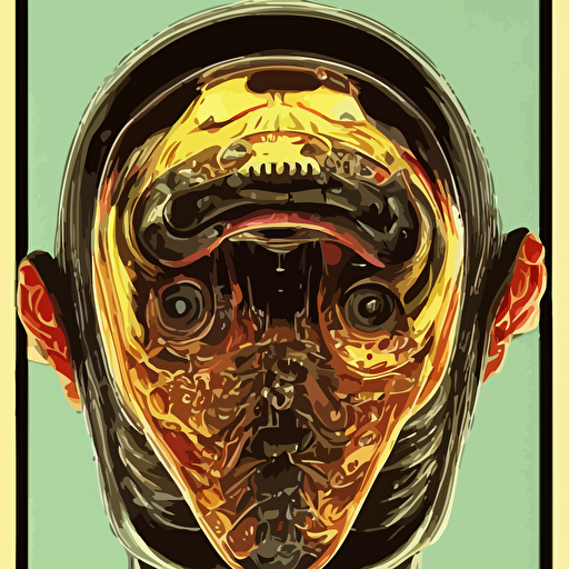 organic cyborg head covered oil art hironobu sakaguchi centered symmetrical bilateral symmetry 70s poster polished retro dark vintage sci fi 2d matte illustration