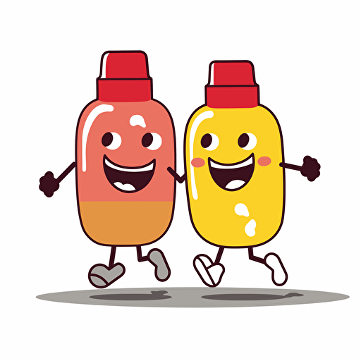 kawaii vector clipart of a bottle of ketchup running after a bottle of mustard. They are wearing athletic running gear. They are both running in a marathon. No background