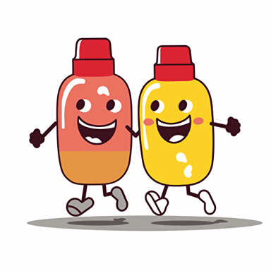 kawaii vector clipart of a bottle of ketchup running after a bottle of mustard. They are wearing athletic running gear. They are both running in a marathon. No background