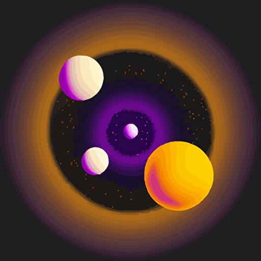 5 small planets that look like coins orbiting around a large purple sun, simple, vector