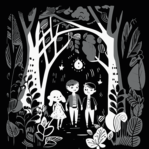 two boys and one girl emerging from the forest. Black and White vector illustration. Cheerful image with magical fruit around