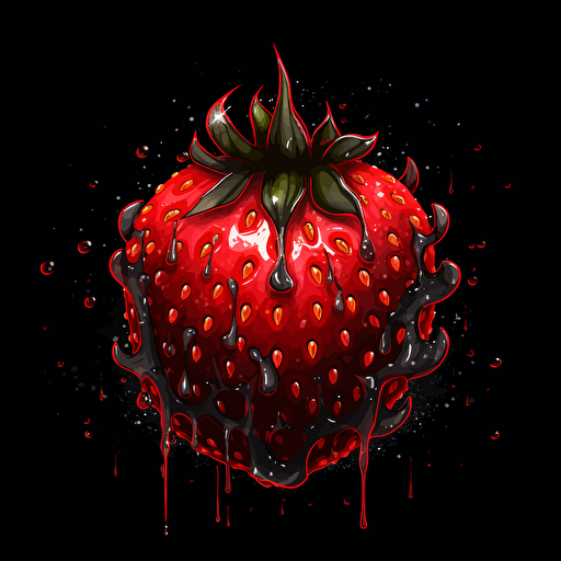 strawberry with a rusty nail piercing the center. Red drips. Splatter. Black background. Highly detailed. Vector image. Drawing. 16k.