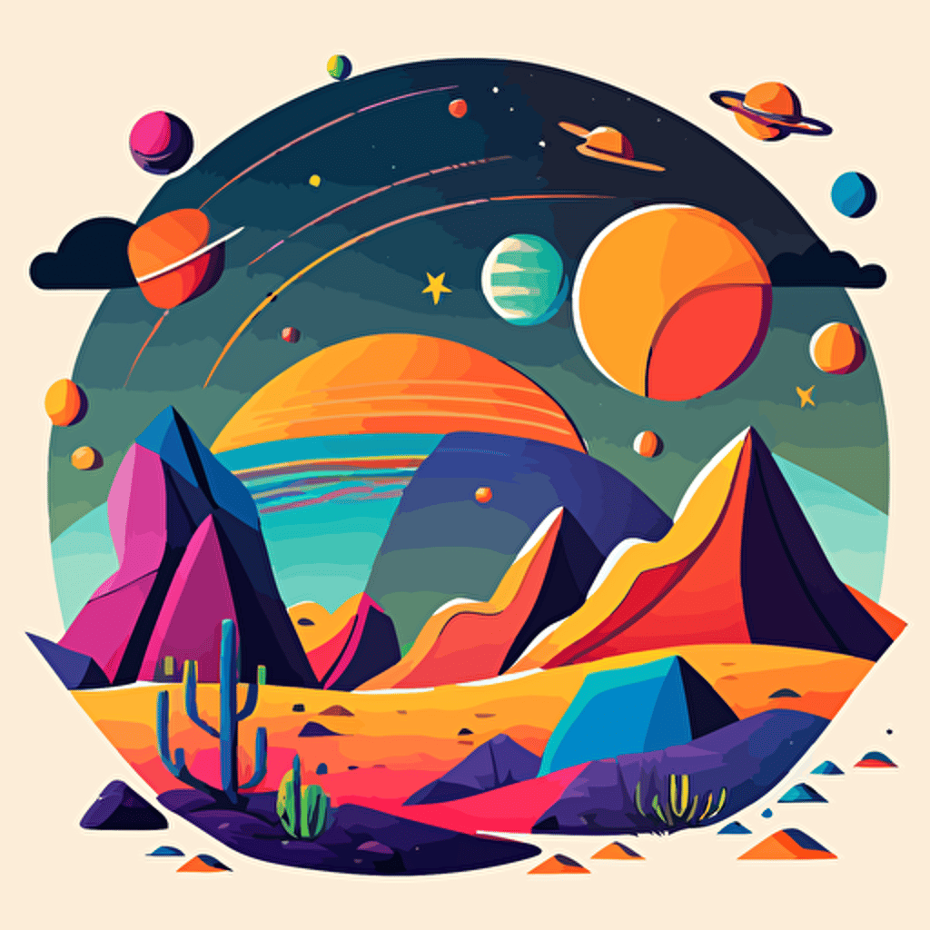 2d flat vector cartoon illustration, vivid colored mountain s on an alien planet with galaxies in the sky, mid century style