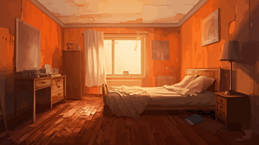 illustration, vector, old orange decrepit bedroom with old floorboards, 2d animation background