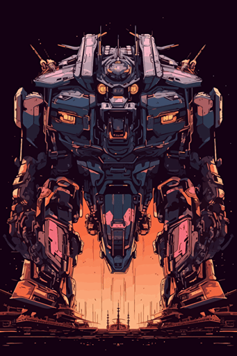 view from the ground looking up at a towering colossal 20 story giant gundam style mech anime mech, vector design, mostly symmetrical, round synthwave sun like a halo behind the robot, on a black background