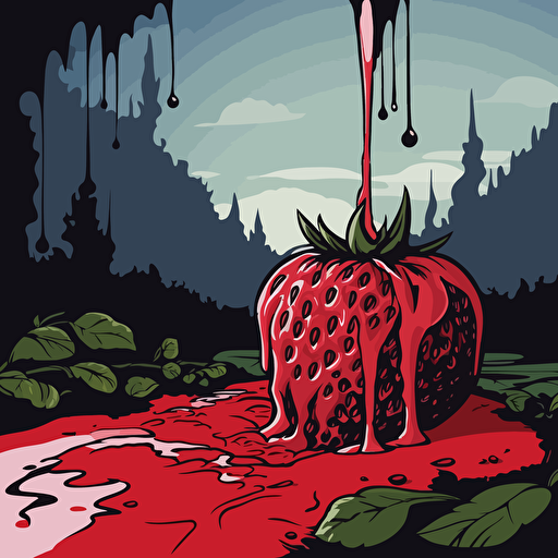 simple painting of a delicious strawberry melting away into the scene, simple form background, leave a lot of negative space, liquid, vector, desaturated colour drips, graffiti, artificial, highres