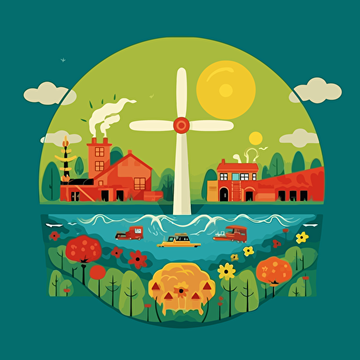 Inspiring image of clean nuclear energy: Construct a minimal, yet spirited image for a presentation on new nuclear power plants in Sweden and Finland with a focus on sustainability. Use eye-catching colors and elements such as atom symbols, wind turbines, and solar panels. Image style: simple and friendly. Media: vector illustration. Reference artist: Josef Frank.