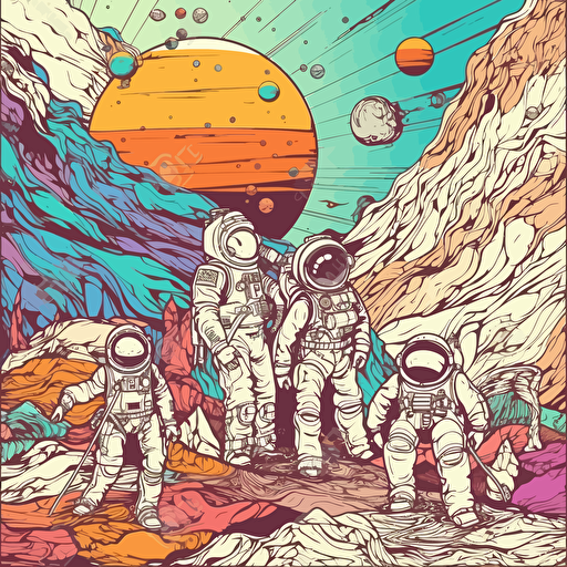An illustration of a retro-inspired space adventure, featuring a group of astronauts in colorful spacesuits exploring a distant planet filled with surreal landscapes and creatures, vector design, white background, contour.