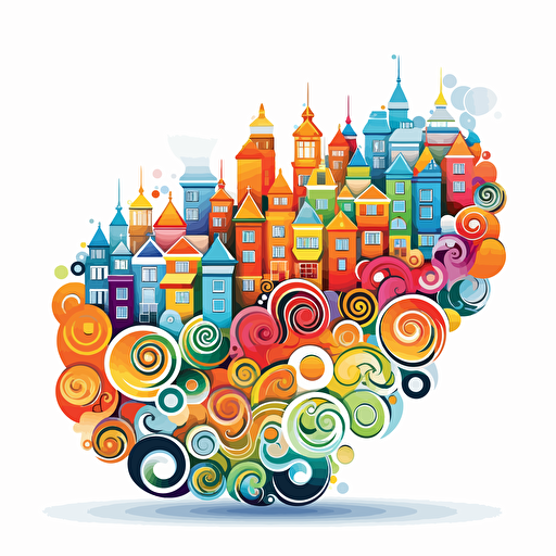 clean, colorful vector art, 16 colors, san francisco painted ladies, playful and simple, colorful swirls with white background