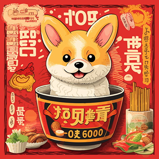 a japanese Instant noodles packaging design with happy chibi corgi anime mascot and color labels, with bowl of chicken noodles, vibrant colors, vivid colorful, cute, adorable, intricately