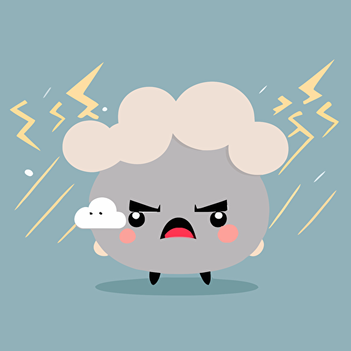 cute angry grey storm cloud with thunder kawaii style, vector clipart