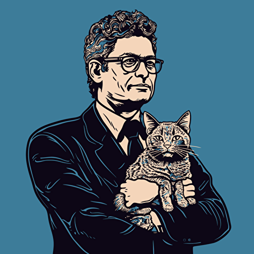 vector art style, 45 year old persian male executive, holding a cat, in the style of Michael Parks