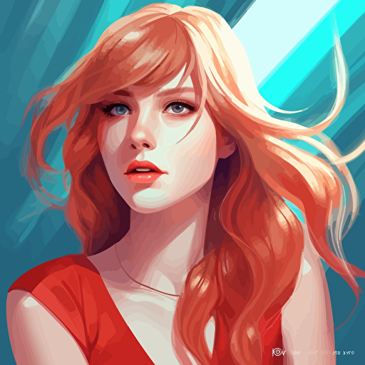 a beautiful young Taylor Swift in red dress. Brightly red blonde long hair, Clear detailed face, fair skin tone, light blue eyes. Clean Cel shaded vector art by lois van baarle, artgerm, Helen huang, by makoto shinkai and ilya kuvshinov, rossdraws, illustration