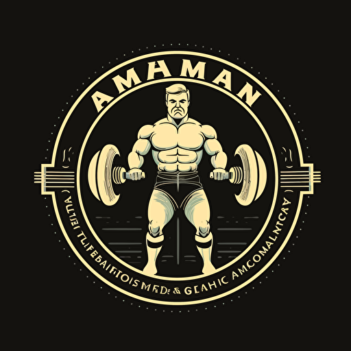 Retro iconic logo of muscular body with weights, white vector, on black backgroung
