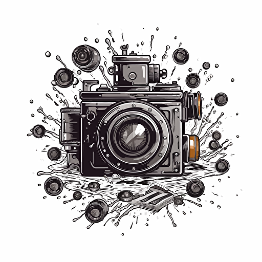 logo of old school film camera surrounded by water and ammo bullets, black vector, on whte background