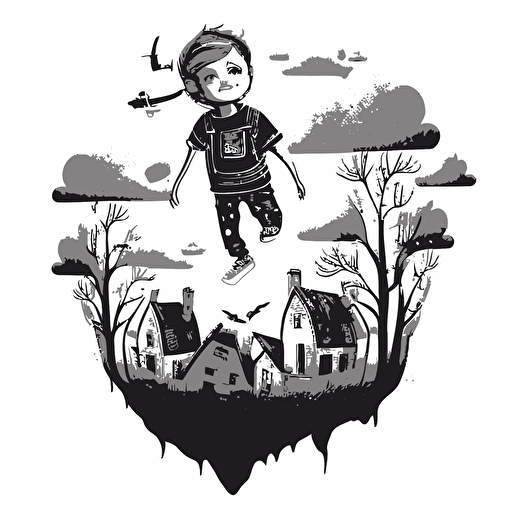 small boy flying high in the sky happy. black and white vector illustration. Bellow you can see trees and houses