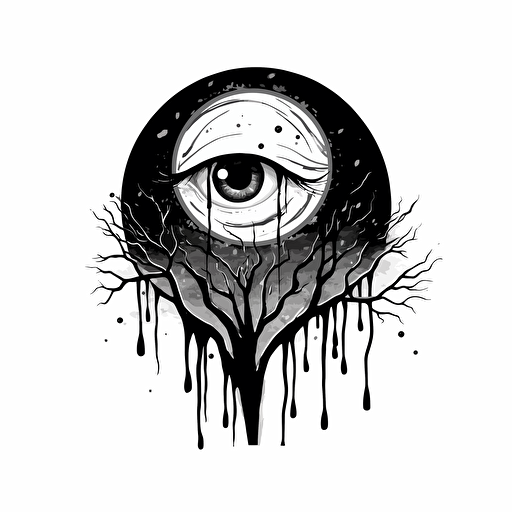flat vector, occult, logo, black and white, cresent black moon, black stylized moon, eye, moon, tree black tears, with the word: volva