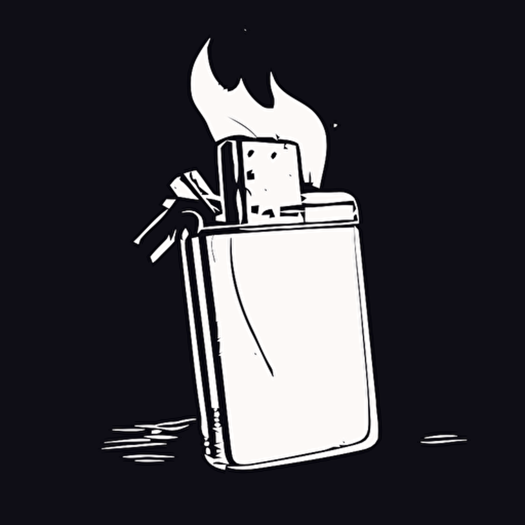 zippo lighter burning, only outline, black and white, vector art, illustrator